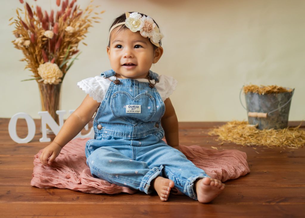 Birthday Girl in Overalls with Flower Headband